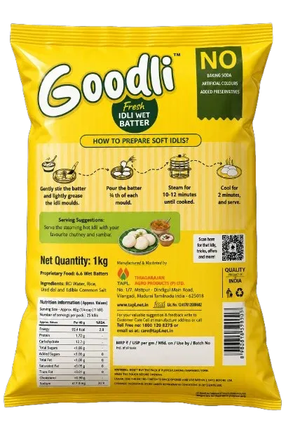 Goodli idli wet batter package back with ingredients and nutrition info